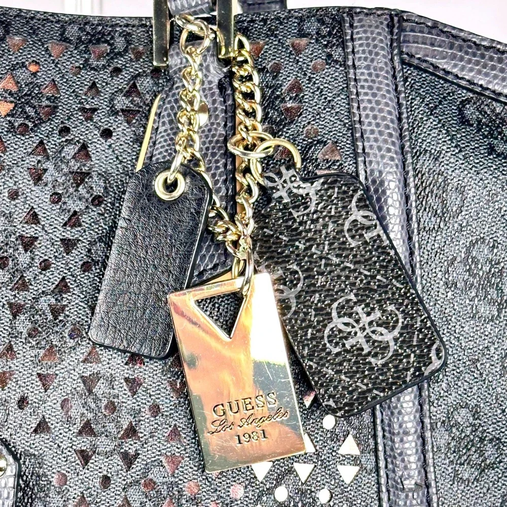 Guess Charcoal Blue Monogram Satchel Laser Cut Purse Leopard Lining Hand Bag